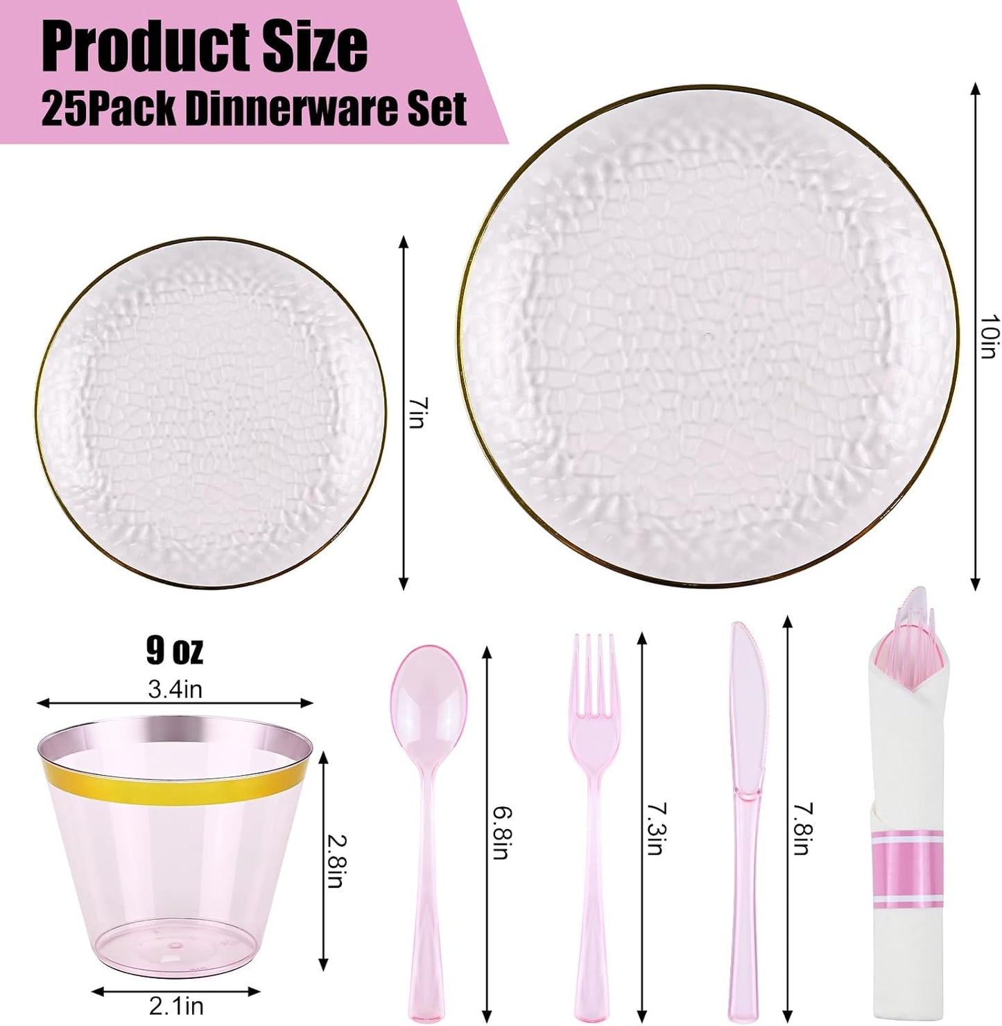 175PCS Gold and Pink Plastic Plate Set – Clear Pink Disposable Plate with Gold Rim Include Dinner Plates, Dessert Plates, Cups, Rolled Cutlery, Elegant Party Dinnerware for Weddings, Formal Events
