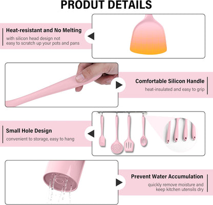HaWare 11 PCS Silicone Cooking Utensils Set, Heat Resistant Kitchen Utensils with Holder, Food-grade Spatula Sets for Nonstick Cookware, Kitchen Tools Gadgets Include Fish Turner, Spoon (Pink)