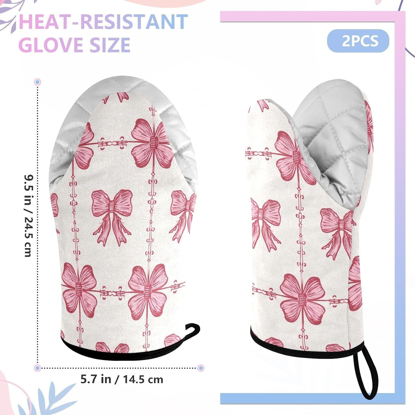 Oven Mitt 2 Pack Set Pink Bow Pattern Seamless Kitchen Mitts Gloves for for Cooking Baking Grilling