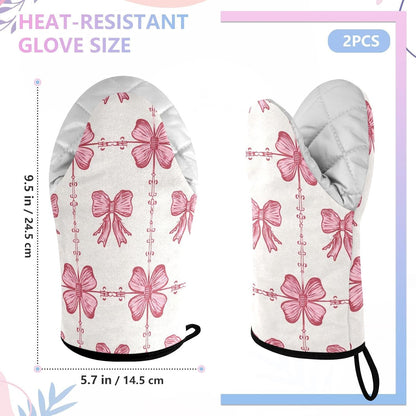 Oven Mitt 2 Pack Set Pink Bow Pattern Seamless Kitchen Mitts Gloves for for Cooking Baking Grilling