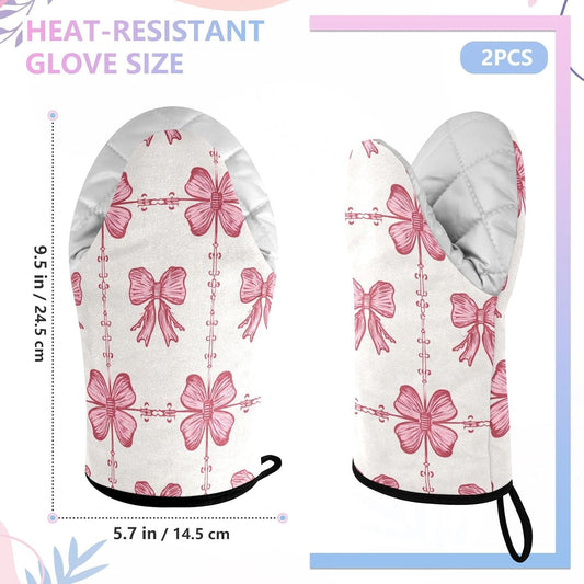 Oven Mitt 2 Pack Set Pink Bow Pattern Seamless Kitchen Mitts Gloves for for Cooking Baking Grilling