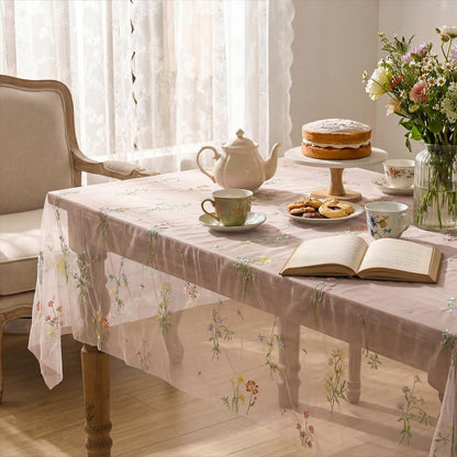 Horaldaily Embroidery Flower Plant Pink Gauze Tablecloth 60×84 Inch Rectangular, Spring Summer Tulle Table Cover, Garden Party Decorations for DIY, Wedding, Party, Holiday Dining Decor