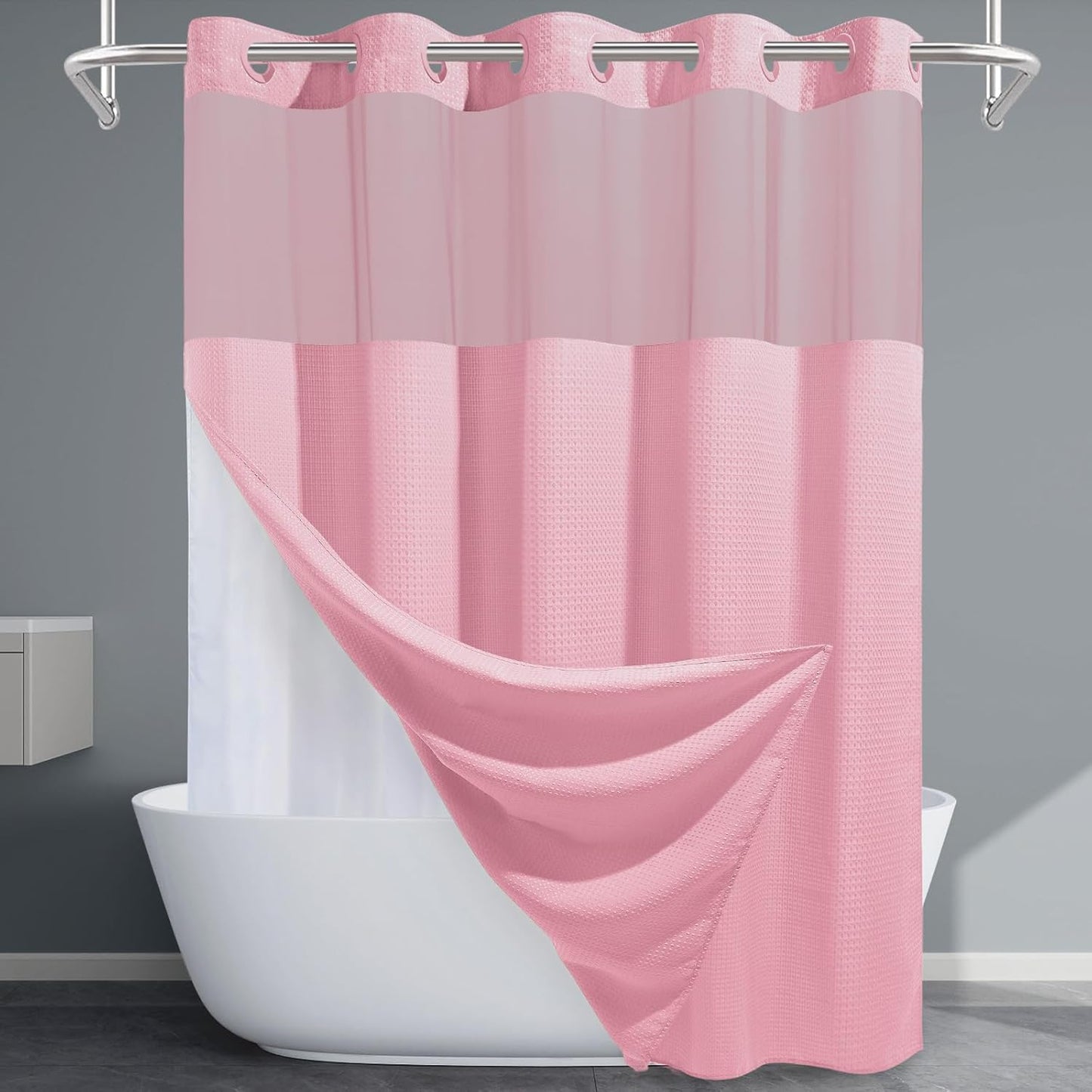 EUTXL Pink Shower Curtain with Liner - 230GSM Waffle Textured Heavy Duty Shower Curtains for Bathroom,71W x 74H