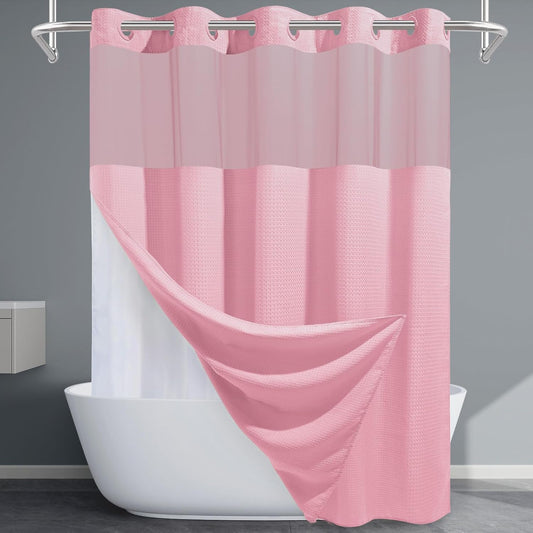 EUTXL Pink Shower Curtain with Liner - 230GSM Waffle Textured Heavy Duty Shower Curtains for Bathroom,71W x 74H
