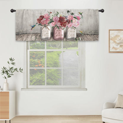 Rustic Farmhouse Peony Rose Kitchen Curtain Valance 54W x 18L Inch Barn Door Pink Red Flower Country Wooden Inspirational Rod Pocket Short Cafe Small Window Treatment Drapes Decor