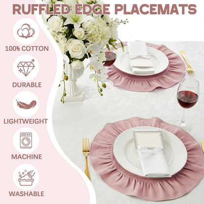 4 Pcs 15 Inch 100% Cotton Scalloped Round Placemats, Thin Pink Place Mats with Ruffle, Washable Placemats Table Mats for Kitchen Dining Holiday Gatherings Decor