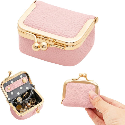 Genuine Leather Mini Jewelry Box Portable Vintage-Inspired Leather Small Coin Purse Jewelry Organizer Case Mini Travel Ring Box with Kiss Lock for Women Earring Ring Necklace