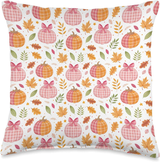 Pink Pumpkins, Fall Leaves, Plaid, Autumn Season Decoration Throw Pillow