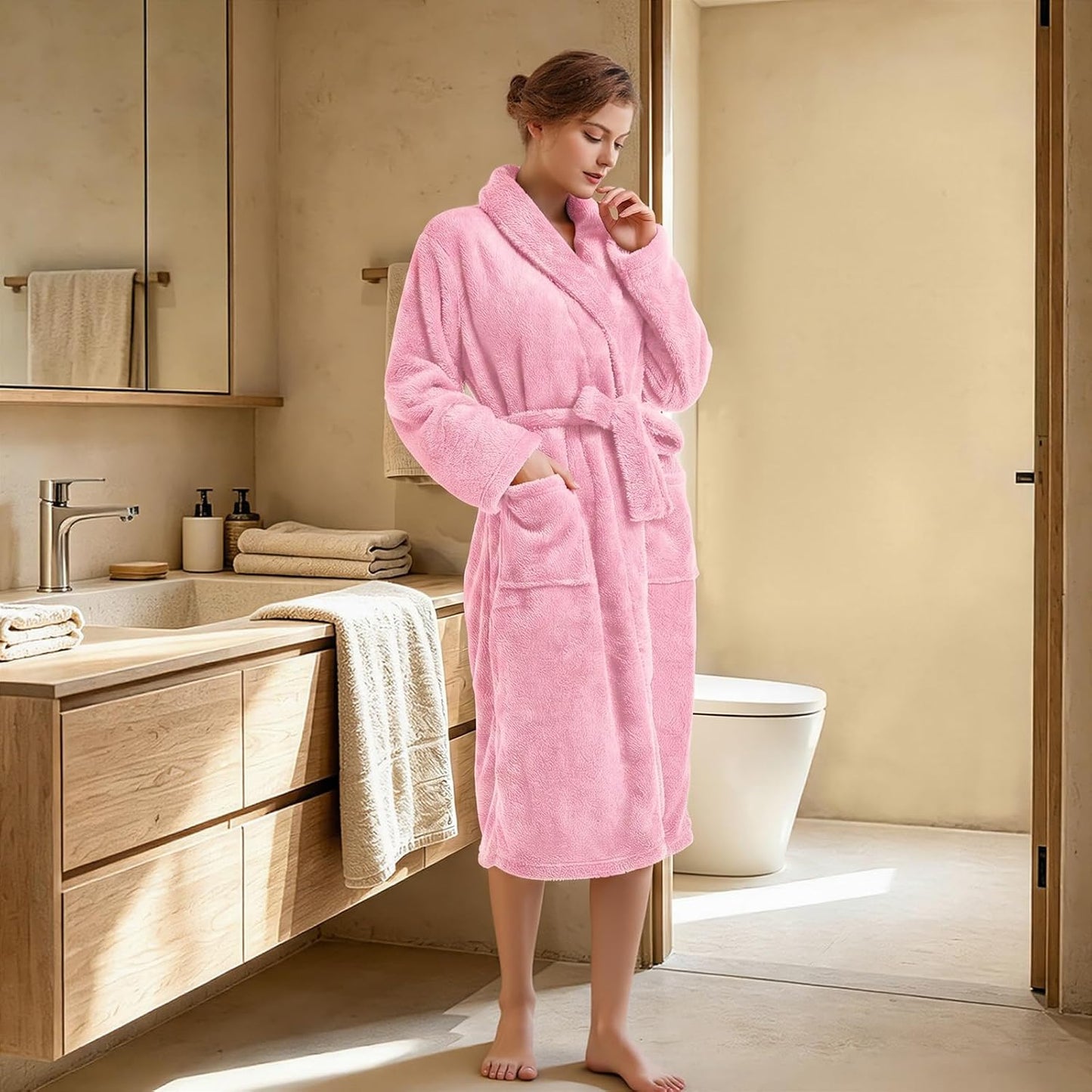 Inner Wish Womens Plush Fleece Robe, Cozy Warm Bathrobe Fuzzy Female Spa Robe With Pockets