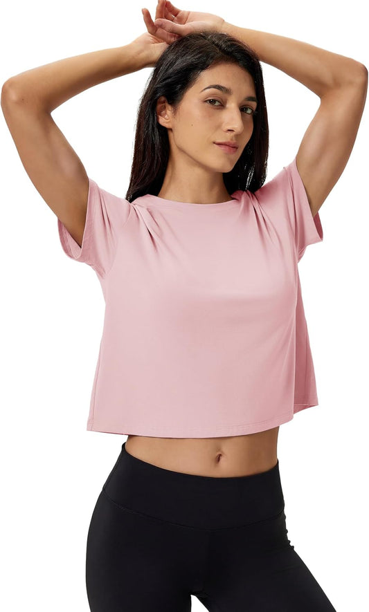 MAGCOMSEN Crop Tops for Women Workout Short Sleeve Shirts Cropped T Shirts Loose Fit Boxy Tee Cotton Athletic Gym Exercise