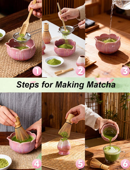 Matcha Set, 9 Pcs Lotus Matcha Whisk Set with Spout,18oz Ceramic Matcha Kit Chasen, Matcha Bowl Set Bamboo Japanese Matcha Making Kit, Cute Matcha Gifts Tools for Tea (Pink)