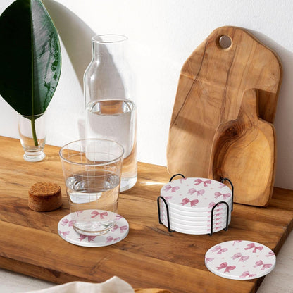 Nine Light Pink Bows Ceramic Coasters with Holder Set of 6 Coffee Cup Drink Coasters