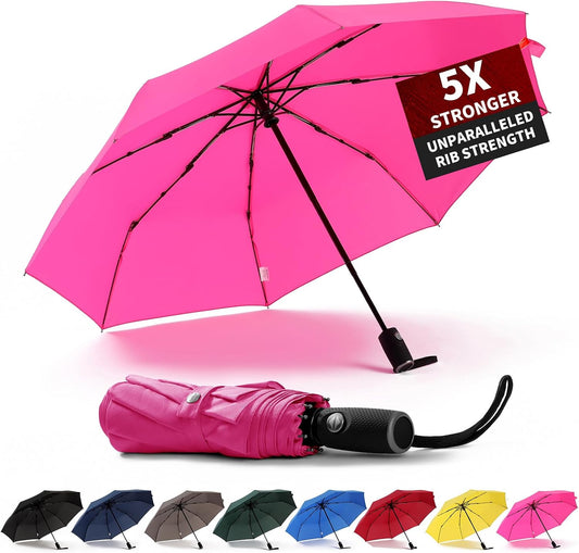 Anntrue Windproof Travel Umbrella, Auto Open Close Lightweight Compact Portable Backpack Folding Umbrella, Perfect for Car, Purse, Men and Women(Pink)