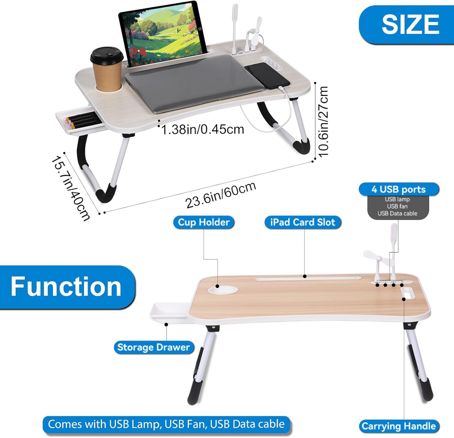 Portable Bed Desk, Foldable Laptop Desk with 4 USB Charge Port/Cup Holder/Tablet Slot/Storage Drawer, Folding Lap Table for Working, Writing, Drawing and Eating (Pink)