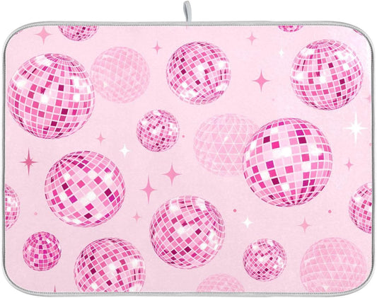Disco Balls Pink Dish Drying Mat for Kitchen Counter Absorbent Microfiber Drying Pad, Medium 16x18 in, Reversible Drainer Mats