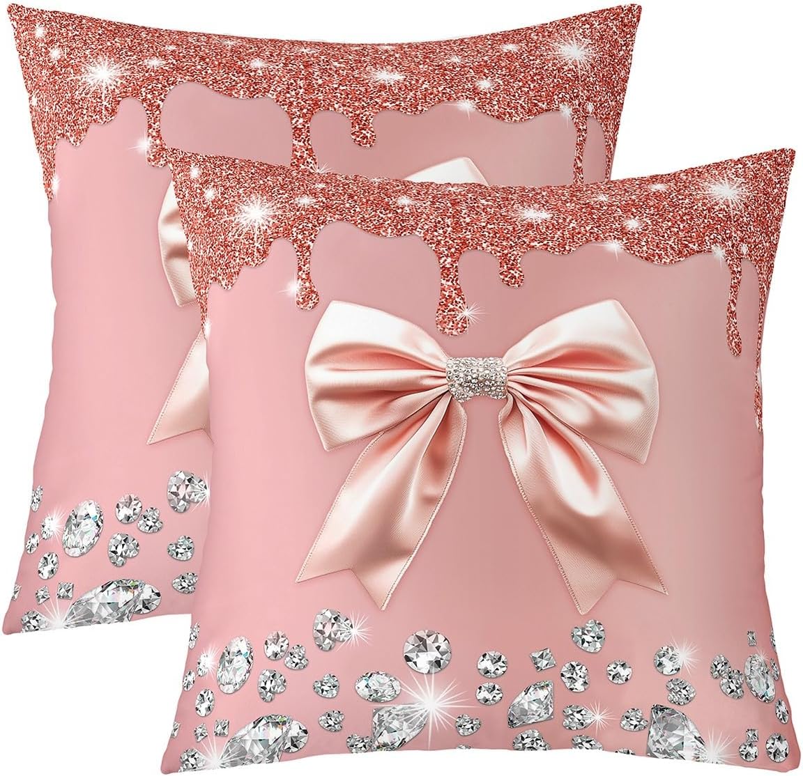 Grey Bowknot Throw Pillow Covers,Starry Sky Sequins Bow Sparkling Diamond Square Pillow Cases 16"*16"*2,Pink Bow Knot Decorative Pillowcases,Dreamy Princess Tie Cushion Covers Light Pink Room