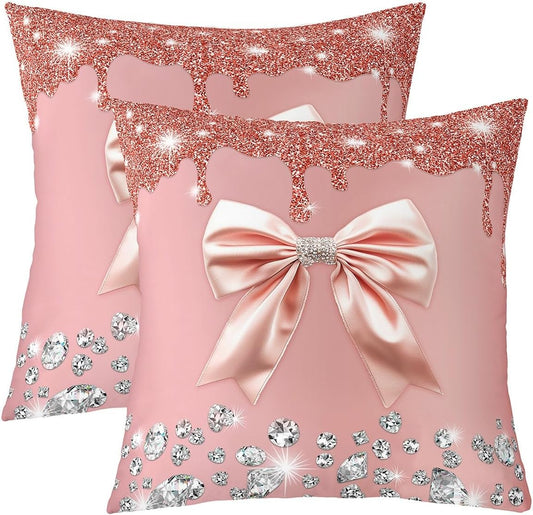 Grey Bowknot Throw Pillow Covers,Starry Sky Sequins Bow Sparkling Diamond Square Pillow Cases 16"*16"*2,Pink Bow Knot Decorative Pillowcases,Dreamy Princess Tie Cushion Covers Light Pink Room
