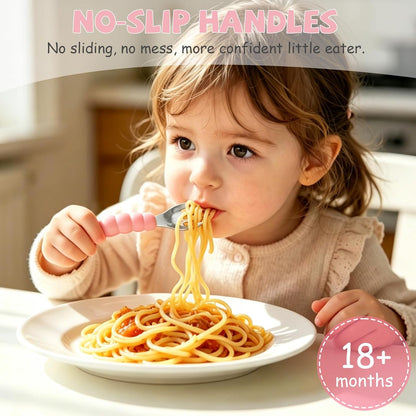 Toddler Utensils, Stainless Steel Baby Forks and Spoons Set Caterpillar Silicone Handle, Kids Silverware with Portable Storage Case, Baby Feeding Essentials, Dishwasher Safe (Pink)