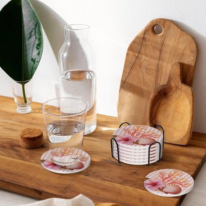 Light Pink Scallop Shell Hibiscus Flower Ceramic Coasters with Holder Set of 6 Coffee Cup Drink Coasters