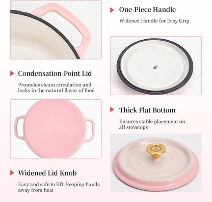 WANGYUANJI 3.3 Quart Enameled Cast Iron Dutch Oven with Lid, 8.7-Inch Heavy-Duty Casserole & Braiser Pan, Thick-Wall Construction, Silver Stainless Steel Knob, Gradient Pink, Safe for All Cooktops