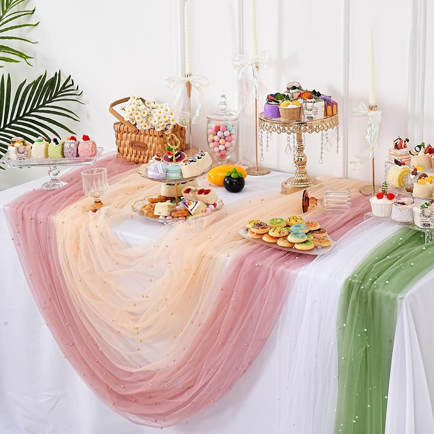 Dusty Pink Pearl Table Runner: Tulle 10ft Pearl Tulle Fabric Centerpieces Wedding Lace Tablecover Arch for Bridal Shower Veil Baby Shower Sweetheart Birthday Table Decorations