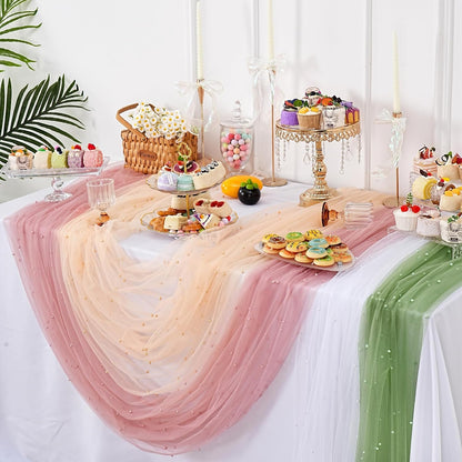 Dusty Pink Pearl Table Runner: Tulle 10ft Pearl Tulle Fabric Centerpieces Wedding Lace Tablecover Arch for Bridal Shower Veil Baby Shower Sweetheart Birthday Table Decorations