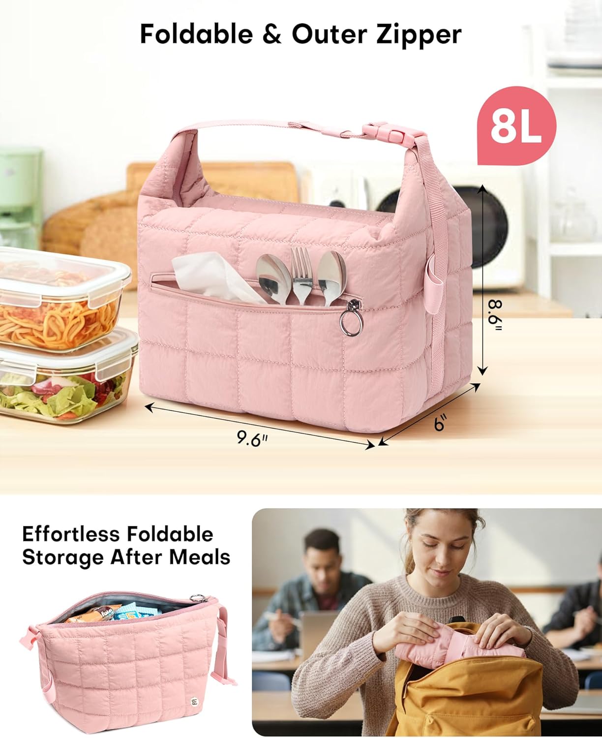 Lunch Bag for Women & Men, Quilted Puffer Lunch Box for Women, Insulated Leakproof Cooler Tote Bags with Adjustable Shoulder Strap for Work Picnic Travel, Dark Pink