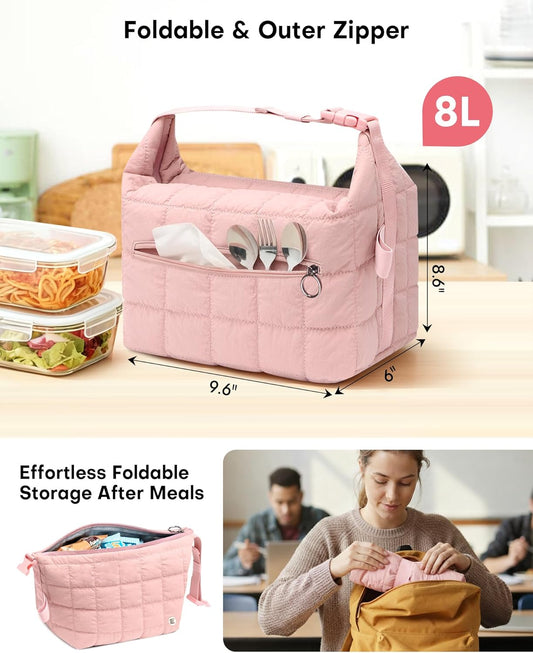 Lunch Bag for Women & Men, Quilted Puffer Lunch Box for Women, Insulated Leakproof Cooler Tote Bags with Adjustable Shoulder Strap for Work Picnic Travel, Dark Pink