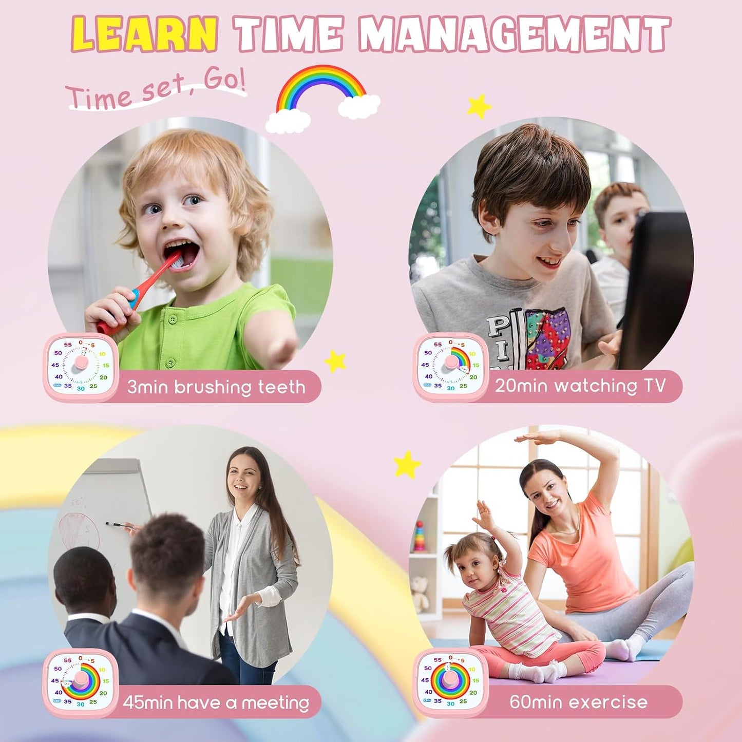 HIPPIH Visual Timer for Kids - 60 Minute Pomodoro Timers for Classroom Kitchen Office, Countdown Kids Timer Clock with Rainbow Disk, Desk Time Management Tool for Toddler with Silent Operation, Pink
