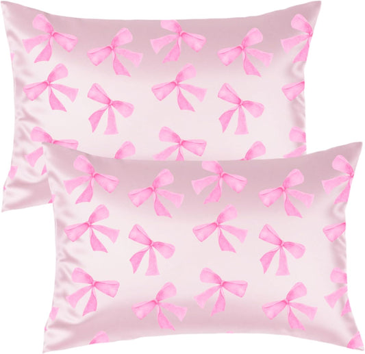 Pink Bow Satin Pillowcase for Hair & Skin Care, Standard Size Set of 2 - Luxurious Satin Pillow Cover with Envelope Closure(20x26 Inches)