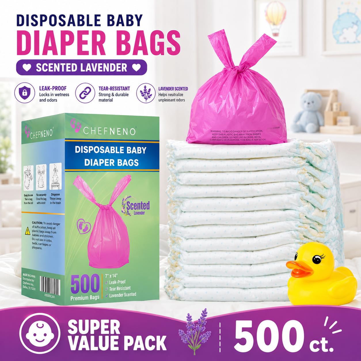Baby Disposable Diaper Sacks (500 ct.) Lavender Scented, Easy-To-Tie Tabs, Diaper Disposal Pet Waste Bags Bulk Diaper Sacks Dog Poop Bags Cat Waste Bags Sanitary Pads Disposal (500 Bags, Pink)