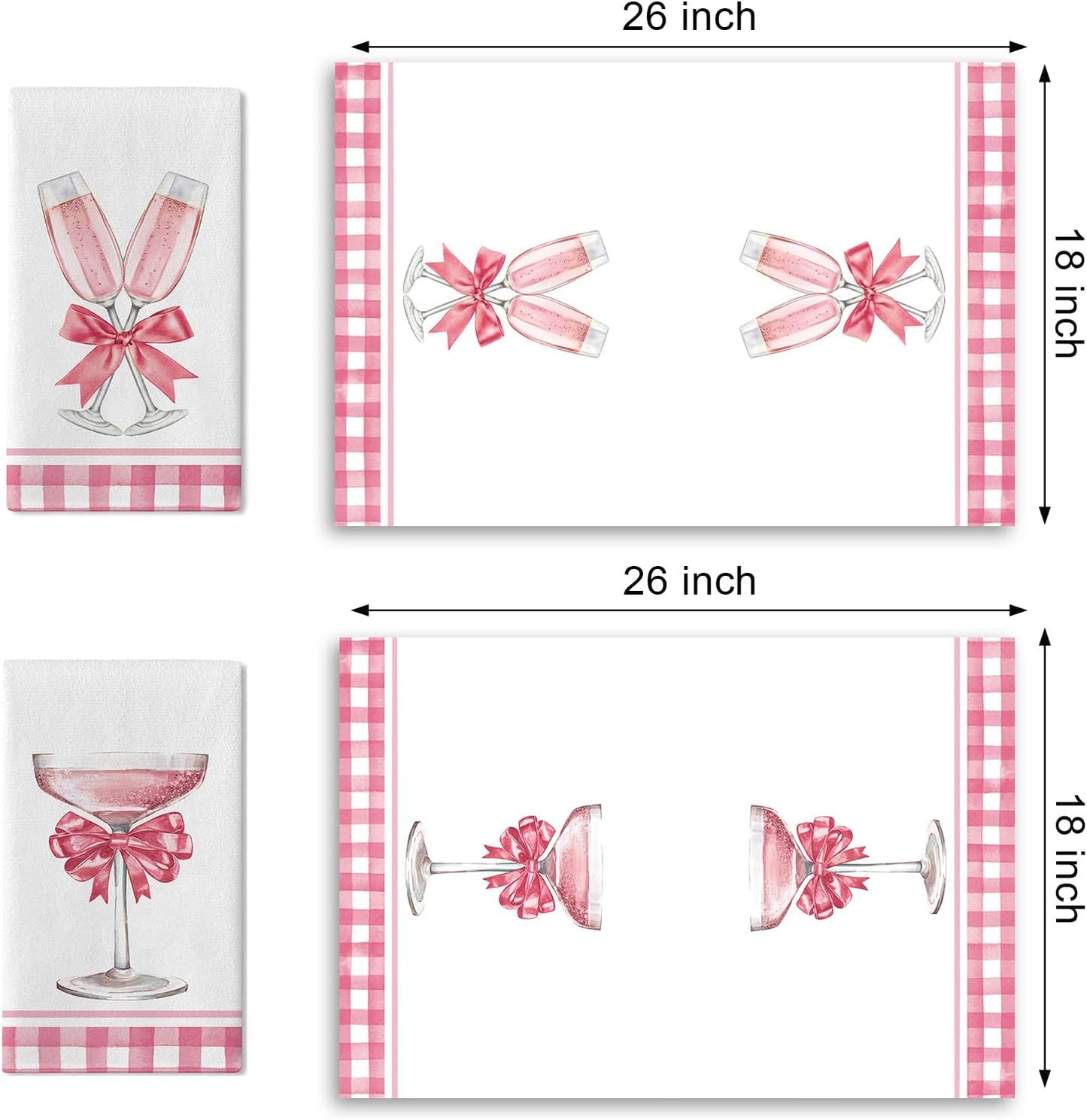 Pink Champagne Kitchen Dish Towels Set of 2, Romantic Coquette Bow Glass Girly Drying Hand Towel Baking Cooking Cloth, Plaid Farmhouse Bathroom Home Decoration Gift for Girl Women 18'' x 26''