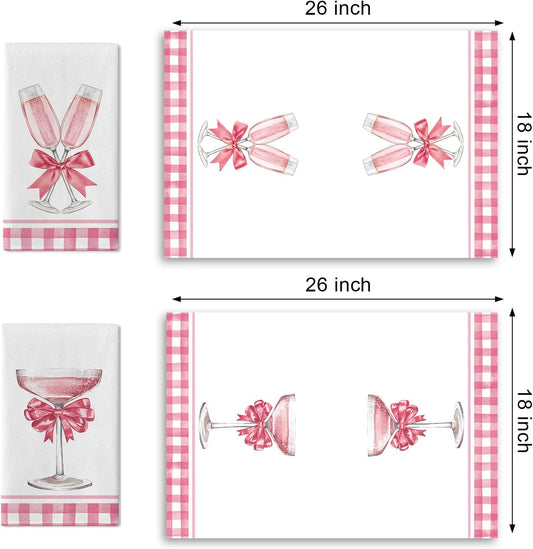 Pink Champagne Kitchen Dish Towels Set of 2, Romantic Coquette Bow Glass Girly Drying Hand Towel Baking Cooking Cloth, Plaid Farmhouse Bathroom Home Decoration Gift for Girl Women 18'' x 26''