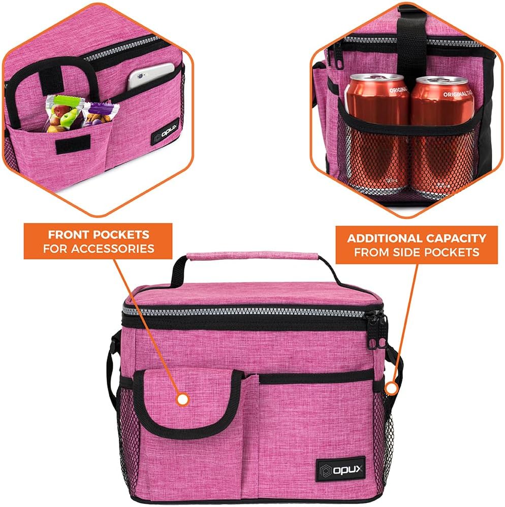 opux Insulated Lunch Box for Men Women Kids, Leakproof Reusable Lunch Bag Cooler for Work School Office, Soft Thermal Lunchbox Tote with Shoulder Strap for Boys Girls Adults, Heather Pink, 14 Can/8L