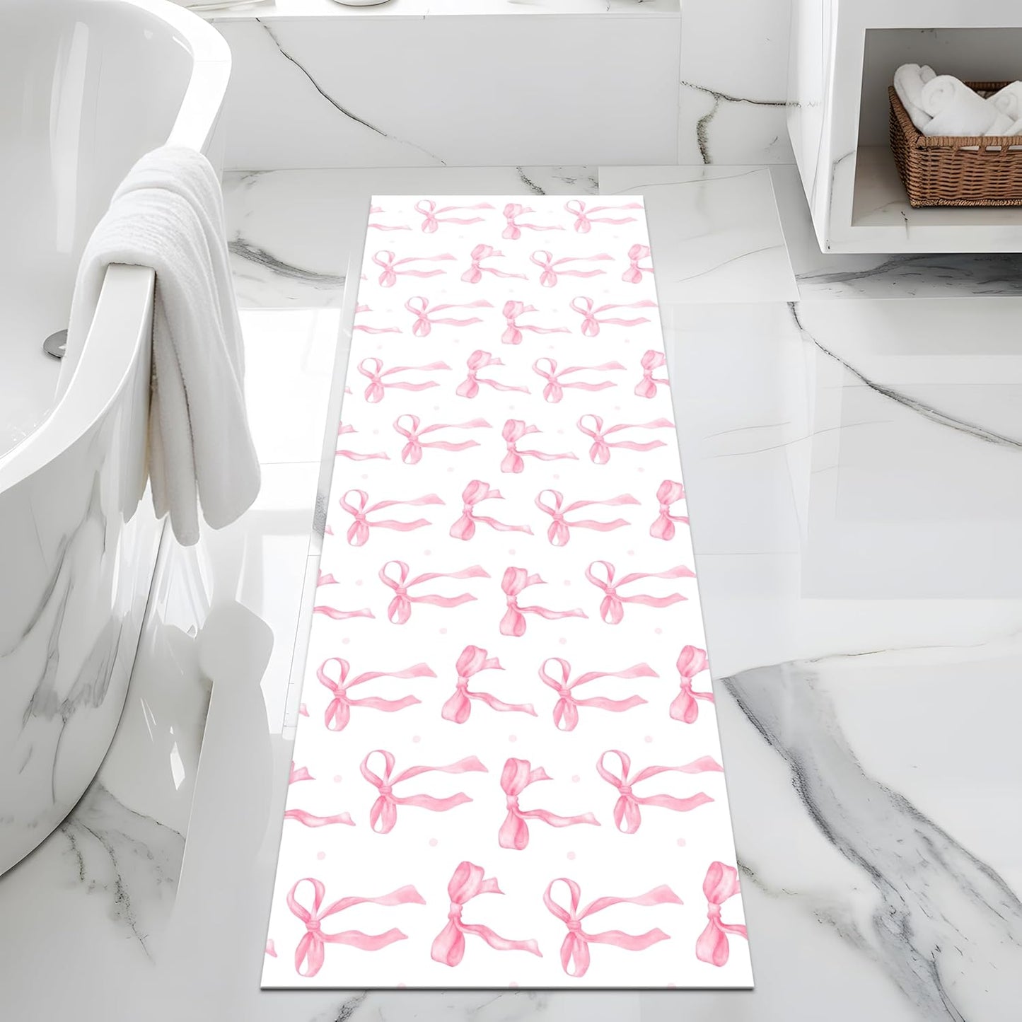 Pink Bow Bathroom Rugs 17X47 Inch Long Cute Bath Mats Pink Bathroom Decor Absorbent Non Slip Bath Rug with Rubber Backing for Home Laundry