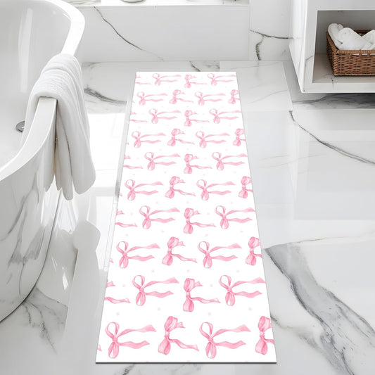 Pink Bow Bathroom Rugs 17X47 Inch Long Cute Bath Mats Pink Bathroom Decor Absorbent Non Slip Bath Rug with Rubber Backing for Home Laundry