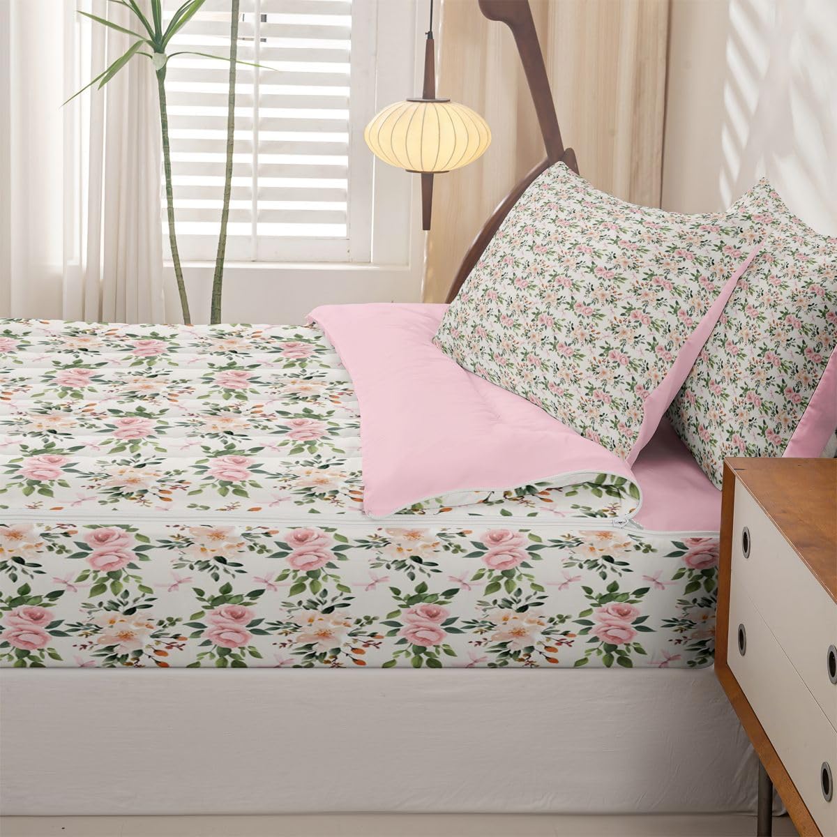 Erosebridal Flower Zipper Bedding Set Twin Rose Zip Up Comforter Set with Sheets Peach Blossom Kawaii Ribbon Bow Bed in a Bag Princess Girly Leaves Floral Theme Bed Sets with 2 Pillowcases