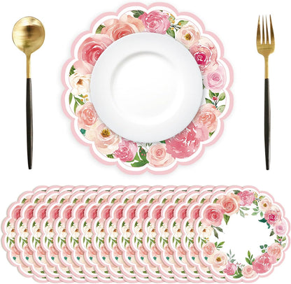 50 Pcs Pink Floral Paper Placemats Disposable,13.4 Inch Watercolor Roses Floral Round Place Mats Spring Summer Table Mats for Birthday Wedding Banquet Bridal Shower Party Supplies