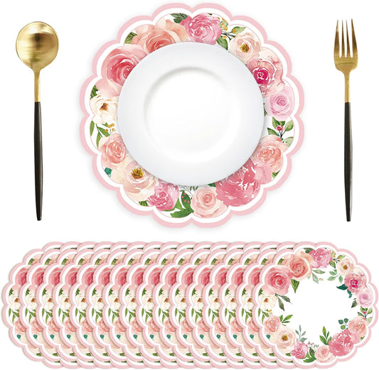 50 Pcs Pink Floral Paper Placemats Disposable,13.4 Inch Watercolor Roses Floral Round Place Mats Spring Summer Table Mats for Birthday Wedding Banquet Bridal Shower Party Supplies