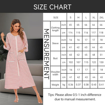 RONGTAI Comfy Cotton Long Robe with Front Zipper - Slimming Striped 3/4 Sleeve Nightwear with Pockets for Women (Year-Round)