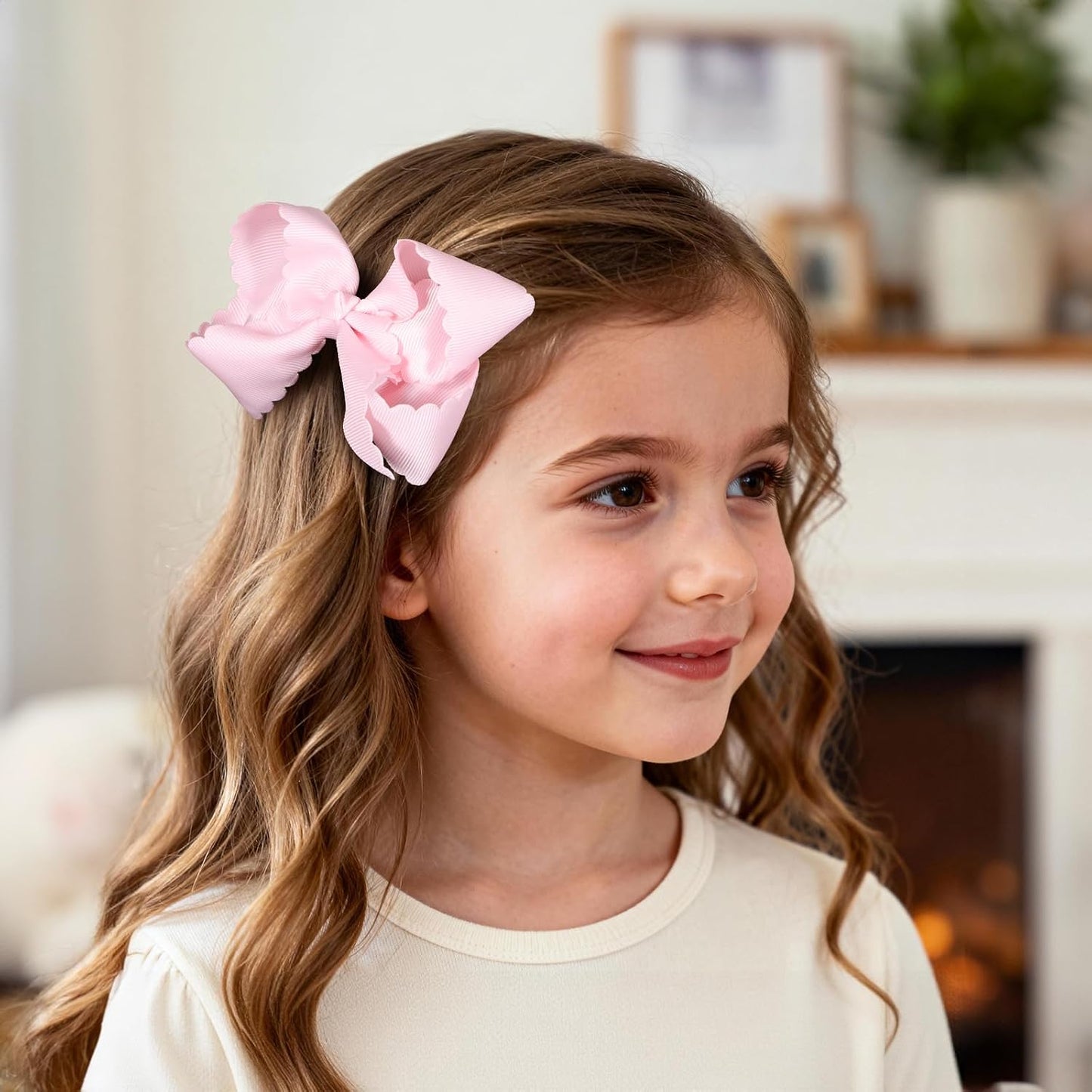 Pink Grosgrain Ribbon Hair Bow with Scalloped Edges for Girls,4" Handmade Everyday Dressy Hair Bow Clips Valentines Wedding Birthday Dress Accessories Gift for Toddlers Teens Women