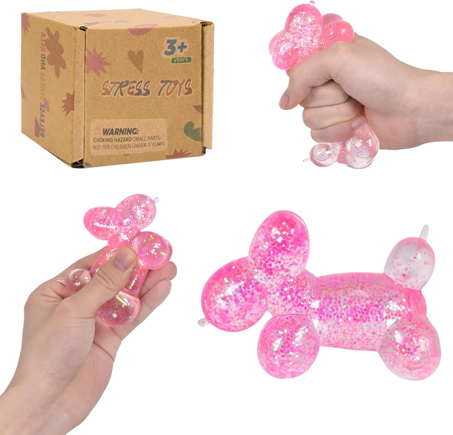Balloon Dog Squishy Toy, Stretchy Sensory Fidget Toy for Kids and Adults, 1.97in Soft Stress Relief Squeeze Toy, Cute Balloon Animal Desk Toy, Glitter Squishy Gift(Pink)