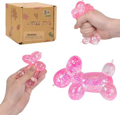 Balloon Dog Squishy Toy, Stretchy Sensory Fidget Toy for Kids and Adults, 1.97in Soft Stress Relief Squeeze Toy, Cute Balloon Animal Desk Toy, Glitter Squishy Gift(Pink)
