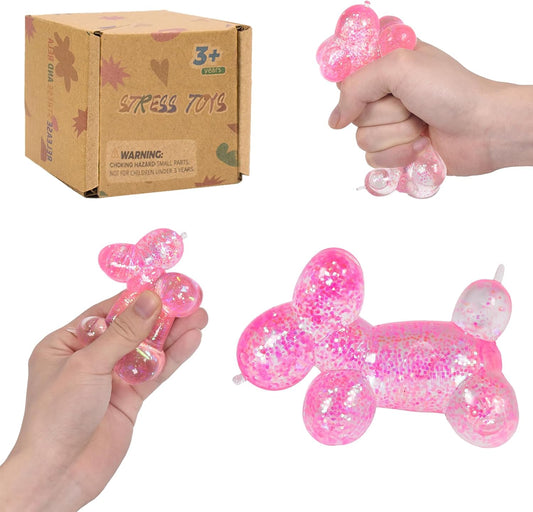 Balloon Dog Squishy Toy, Stretchy Sensory Fidget Toy for Kids and Adults, 1.97in Soft Stress Relief Squeeze Toy, Cute Balloon Animal Desk Toy, Glitter Squishy Gift(Pink)