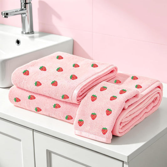 FYSUIMU Strawberry Bathroom Towels Set of 3 Pink Red Strawberry Fruit Embroidered Cotton Bath Towel Hand Towel Wash Cloth for Holiday Hand Drying Shower Supplies