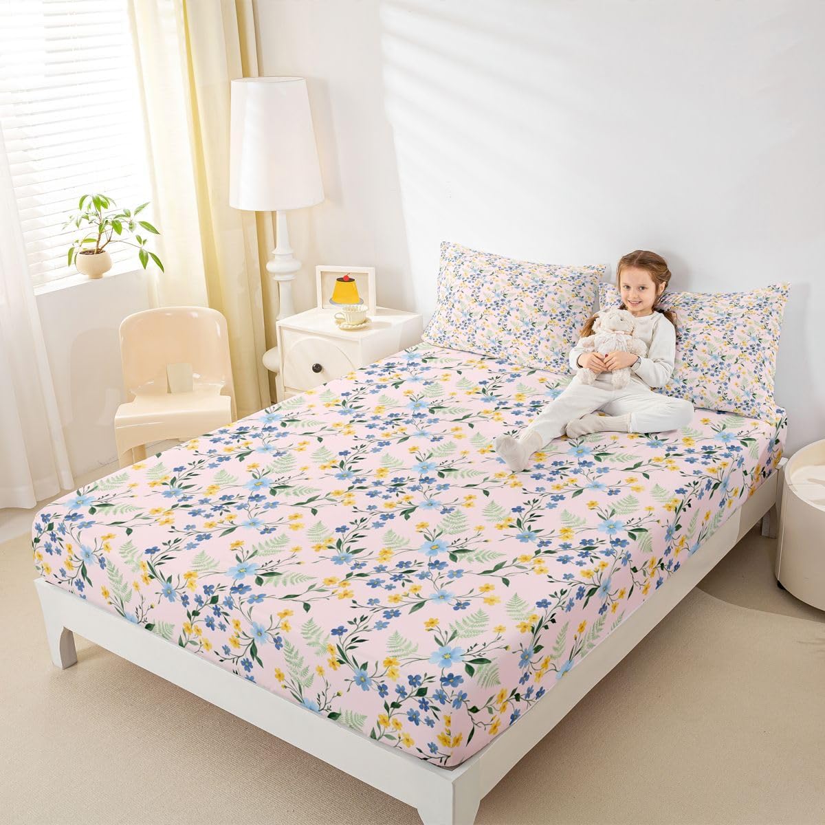 Erosebridal Country Wildflower Sheet Set Queen Peach Pink Floral Bed Sheets for Kids Teens Bohemia Top Sheet Botanical Sheets 3 Pcs