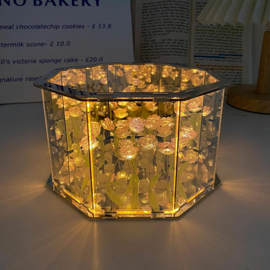Drawelry DIY Rose Mirror Lamp, Handmade DIY Octagonal Rose Flower Night Light, Flower Sea Night Light Home Decor Christmas Birthday Gifts for Woman Mom (Pink)