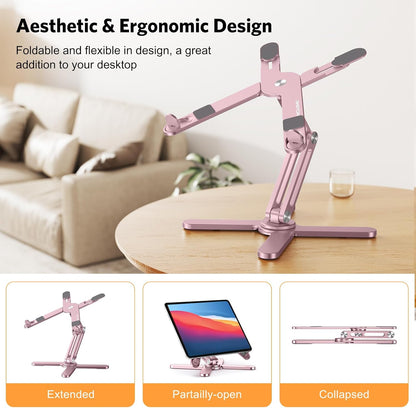 OMOTON 360° Rotating Laptop Stand Riser for Desk, Ergonomic Foldable Computer Stand Adjustable Height Angles for Collaborative Work, Easy Storage Fit Macbooks,All Laptops up to 16 inches, Pink