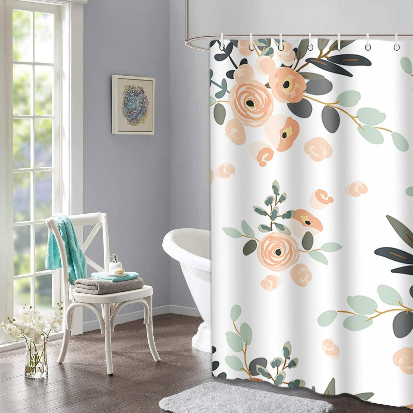 Emvency 72"x78" Shower Curtain Peach Coral Waterproof Blush Pink Floral Bouquets White Rose Flowers Exotic Summer Beach Home Decor Polyester Fabric Adjustable Hook Set