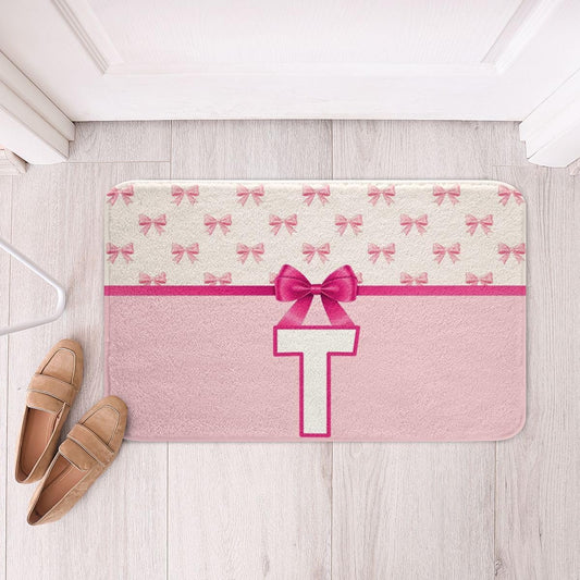 Feelyou Girls Bow Bathroom Rugs Pink Dreamy Princess Bath Mats Initial Letter T Bathroom Accessories Floor Doormats 16"x24" Soft Microfiber